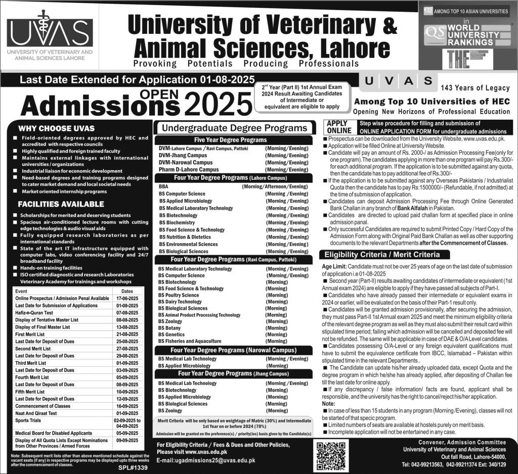 Admission Open in University of Veterinary & Animal Sciences Lahore